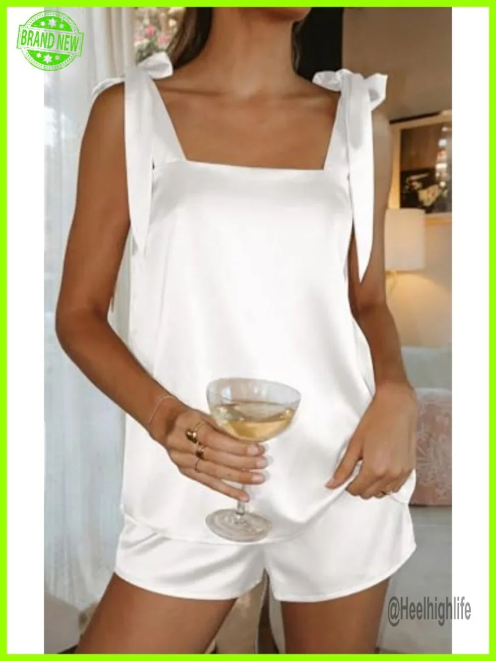 Silk Pajama Set Satin Bow Tie Knot Tank Top & Shorts 2 Piece Sleepwear